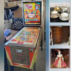 MaxSold Auction: This online auction features a vintage Pin Ball Machine vintage furniture, Novelty cookie jars, Brass decor, China including Royal Doulton, Bunnykins, Coalport, Limoges, Royal Wembley. Glass insulators, Farm tools, Breweriana including Cans and Bottles, Copper Kitchenware and Decor, Signe Paintings, Salt & Pepper Shakers, Clocks, Artisan pottery including Moorcraft, Oil Cans, Model Trains and much more!