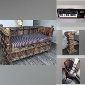 MaxSold Auction: This online auction features Antique Indian Captain's Bench, Barrister's Bookcase, Wine Racking, Mirrors, Stained Glass Lamp, Fine Art Print by Norval Morrisseau, Framed Joe Namath Autograph Photo, NIB Keyboard, Audio Mixers, Monitors, Networking Gear, and Much, Much, More!!