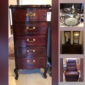 MaxSold Auction: This online auction features furniture such as lacquered tables and cabinets with mother of pearl inlay, chairs, desks, bookcase, recliner, wicker trunk, dresser, tables, bed frames, bench, chests and more, glassware, Jowle silverplated serving ware, sewing machine, baskets, piano, TV and other electronics, fireplace tools, brass items, cuckoo clock, small kitchen appliances, Nativity set, paintings, rugs, kitchenware, crystal vases and much more!