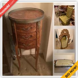 MaxSold Auction: This online auction features silver plate, sterling silver, Noritake china, crystal ware, furniture such as vintage Thomasville sofa, secretary desk, china hutch, gaming chair, and swivel barrel chairs, glassware, lamps, ceramics, wall art, gazebo, 32” Samsung TV, PlayStation console, NES console with games, handbags, DVDs, vinyl records, fishing gear and much more!