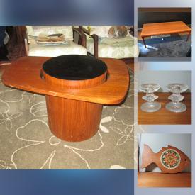 MaxSold Auction: This online auction features MCM Teak furniture, Enamelled MCM teapot, glass decanter, small kitchen appliances, Onyx bookends, Kosta Boda bowl and much more!