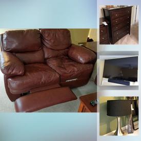 MaxSold Auction: This online auction features furniture such as reclining leather sofa, side tables, and dresser with mirror, lamps, Blu-Ray player, Sonos sound system, 60” Sony TV, dishware, cookware, Black and Decker drill, glassware, and more!