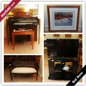 MaxSold Auction: This online auction features Baldwin Organ, Electric Fireplace, Antique Settee,Wing Back Chair And Ottoman, Lane Recliner, Smokers Stand And Lamp, Pier 1 Brisbur Cabinet, Samsung TV With Stand, Hauser Barcelona Table And Chairs, Decorative, Royal Doultons, Prints, Framed Metal Art, Watercolour and much more.