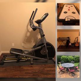 MaxSold Auction: This online auction features Hand Carved Wood Tables, Theater Chairs, Air Hockey table, Instruments, Weight machine, Elliptical machine, patio Furniture and much more!