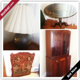 MaxSold Auction: This online auction features Art, LPs, Prints, Furs, Silver Plate And Sterling Silver, Crystal And Glass, Soap Stone Carving, Spinning Wheel, Asian Tilt Top Table, Computer Desk, Lamp, Malcolm Desk,Chair, Malcolm Dresser And Mirror, Malcolm China Cabinet,Needle Point, Asian Tilt Top Table and much more.