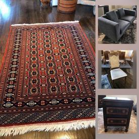 MaxSold Auction: This online auction features a two-seater couch, textured ottoman, custom-crafted dining table, dining chairs, sude ottoman and armchair, leather bar stools, wicker and wood hamper, carved bedside cabinets and much more!