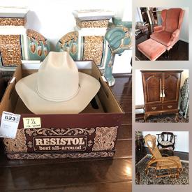 MaxSold Auction: This online auction features a Pearson upholstered chair and ottoman, Resistol Cowboy Hats, sofa, side tables, corner chair, wicker lounge chair, entertainment cabinet, table and chairs, sterling silver jewelry, books, wingback chair, faux trees, Christmas dishes, Ashley recliner, electronics and much more!