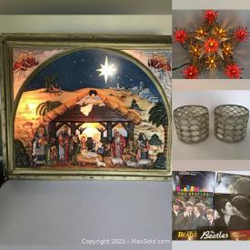 MaxSold Auction: This online auction features Christmas and Holiday decorations such as Sleigh, Vintage Ornaments, Nativity Set, Wreaths, Wrapping Supplies, Christmas Lights, Garland, Tree Toppers, Statues, Figures, Lamps, Ceramics, Records, Royal Doulton and much more.