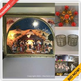 MaxSold Auction: This online auction features Christmas and Holiday decorations such as Sleigh, Vintage Ornaments, Nativity Set, Wreaths, Wrapping Supplies, Christmas Lights, Garland, Tree Toppers, Statues, Figures, Lamps, Ceramics, Records, Royal Doulton and much more.