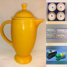 MaxSold Auction: This online auction features Vintage Fiesta Ware, Bone China, Paragon Plates, Art Pottery, Sterling Coasters, Susie Cooper, Redline Hot Wheels, Matchbox, Husky, Corgi and Dinky Diecast Toys, Chinese porcelain Famille Rose, Vintage Crystal, Akro Agate Planters, Coins and Banknotes, Hydro Insulators, Vintage Jewelry, Cameo Ring, Records- Sinatra, Elvis Costello, Brubeck, Ontario Topographic maps and much more!