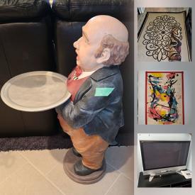 MaxSold Auction: This online auction features wicker display units, shelving, arch display cabinet, Buddha figures, plastic storage, spice containers, flatware, serving ware, lamps, figurines, rugs, clothing, household items, art, dining table and chairs, clocks, TV and much more!