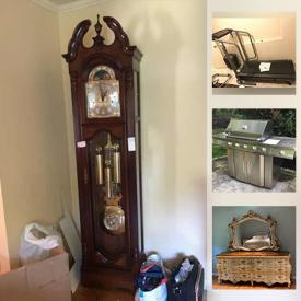 MaxSold Auction: This online auction features furniture such as French provincial style hutch, dressers, nightstands, carved headboard, entryway table, dining table and chairs, sideboard, sofa loveseat, media stand, patio furniture, desk, outdoor hammock, chairs and more, grandfather clock, dehumidifier, Jenn-Air natural gas grill, bicycle, telescope, flower pots, electronics, sports items, stationary bike, Proforma treadmill, wall art, Oriental decor, crystal chandelier, office items, fishing rods, bike rack, yard tools and much more!