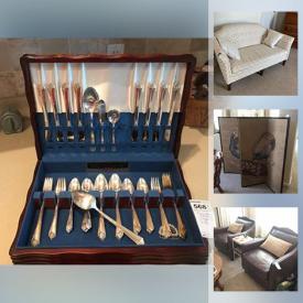 MaxSold Auction: This online auction features a mirror, leather armchairs, coffee table, sofa, folding screen, lamp, cabinet, Rogers Brothers silverplate flatware, bookcase, loveseat, secretary bookcase, Waterford crystal and much more!