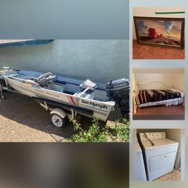 MaxSold Auction: This online auction features fishing boats with trailers, Charboil griller, furniture such as a bistro set, file cabinets, storage, day bed, dresser with mirror, chairs, cabinets and more, board games, rugs, Boyscout memorabilia, costume jewelry, Diesel Hustler train set, office items, Sears typewriter, faux plants, kitchenware, flatware, toys, decor, Elvis collectibles, lamps, washer and dryer, tool kit, toolbox and much more!