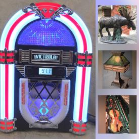 MaxSold Auction: This online auction features a Harmon Kardon Sound stick & speakers set, a Violin, Signed Original Art & numbered Prints, Artisan Pottery and Ceramics, Antique stained glass lamp, Carved Wood sculptures, Art Nouveau figural, Gumball Machine, Brass chandelier, Replica Jukebox, Gothic style home goods & decor, Soapstone carvings, Art glass including Murano, Antique Lionel train cars, MCM Furniture & Decor, Bohemian glass and much more!