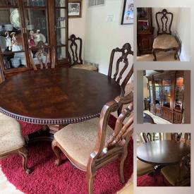 MaxSold Auction: This online auction features Century Furniture solid Mahogany burl wood China Hutch, and matching Dining table and chairs.