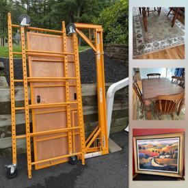 MaxSold Auction: This online auction features portable scaffolding, furniture such as rocker recliner, side tables, curio cabinet, dining room table and chairs, and Miles Talbot sofa, wall art, small kitchen appliances, area rugs, 25” Sharp TV, lamps and much more!