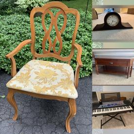 MaxSold Auction: This online auction features furniture such as marble top end tables, Mission style end table and coffee table, plant stand side table, drop leaf table and chairs, ornate desk chair, bookcase headboard and more, cut glass, seasonal decor, cocktails and glass pitcher, thimble collection, vintage mantel clock, Casio keyboard with stand, Husqvarna sewing machine, Easter Pyramid carousel, Diecast cars, artwork and much more!