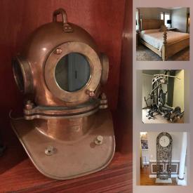 MaxSold Auction: This online auction features Howard Miller Floor Clock, Parlor Chair, Schnadig Chair, Floor Lamp, Handweights With Rack, Tanning Bed, Exercise Equipment, Vintage Diving Helmet, Firearm Safe and much more!