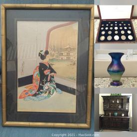 MaxSold Auction: This online auction features Satsuma Pottery Vase, Grandfather Clock, American Coin Set, Czechoslovakia Decanter, Art Glass, Japanese Woodblock Print, Crystal Ornaments and much more!