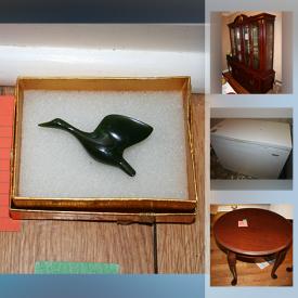 MaxSold Auction: This online auction features furniture such as a pine entertainment center, chairs, end tables, solid pine filing cabinet, Queen headboard, dresser, pine chest, retro ottoman and more, stemware, charcuterie board, Lynn's fine china, Christmas, air purifier, lamps, Jade Canada Goose pin, cups and saucers, decor and much more!