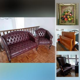 MaxSold Auction: This online auction features silver plate, furniture such as leather sectional, nesting tables, upholstered sofa, dining table with chairs, sleigh bed, armchair with ottoman, Thomasville lingerie chest, and Thomasville dressers, framed wall art, home decor, stoneware, lamps, area rugs, 60” RCA TV, glassware, dog house and much more!