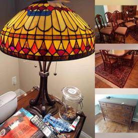 MaxSold Auction: This online auction features décor such as wool Karastan rugs, Monaco area rug, rug runners, throw pillows, table linens, Waterford bowl, Lenox vase, Waterford stemware, and Belleek vase, furniture such as buffet, Pottery Barn loveseat, dining table, china cabinet, Jofran Ltd. coffee table, and Vanleigh of New York dresser, china such as Noritake and Fitz and Floyd, sterling silver and silverplate flatware and much more!