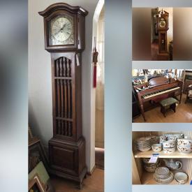 MaxSold Auction: This online auction features furniture such as a hutch, end table, vintage dresser, oak cabinet, cubby shelf, vintage stained glass buffet table, upright dresser, coffee table, ladderback chairs and more, Janssen piano, grandfather clocks, Christmas decor, blankets and pillows, linens, mantel clock, farm animal figurines, chamber pot, lamps, stuffed animals, angel figurines, candleholders, placemats, doilies, vintage china and much more!