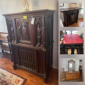 MaxSold Auction: This online auction features furniture such as a carved wood bar, sofa, side tables, armoires, and dining table with chairs, wall art, table lamps, area rugs, antique lanterns and much more!