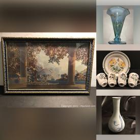 MaxSold Auction: This online auction features a resin lion head, cast iron sconces, Orrefors crystal sugar and creamer set, wall sconce, Daybreak Maxfield Parrish Chromolitho, pressed cut glass, Stuart crystal bowl, crystal lamps, midcentury advertising glasses, Sean K Fenton signed vase, Port Meirion mugs, Asian vase, Oneida community stainless, tare weights, Egermann Czech republic vase, Crown Staffordshire china, Fitz and Floyd tureen and much more!