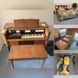 MaxSold Auction: This online auction features furniture such as bar stools, vintage chairs, sewing tables, side tables, vintage upholstered chairs, vintage sewing machine with table, patio furniture and more, Hammond electric organ, frames, clocks, art, jewelry box, clothing, office supplies, speakers, linen, typewriters, Philips speakers, dishware, Trumpet, Ukelele, vinyl, silverplate, fireplace screen, chandeliers, Frigidaire freezer, gas cans, Yardman triple system, grill, Kenmore dryer and much more!