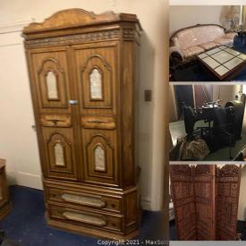 MaxSold Auction: This online auction features Golden Mahogany Furniture Set, Sofa, Steam Ironing Board, Antique Sewing Equipment, China, China Cabinet, Wooden Room Divider, Vintage Refrigerator, Antique Steam Iron and much more!