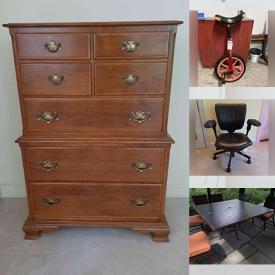 MaxSold Auction: This online auction features furniture such as a wood table, Ethan Allen desk, platform bed, chairs, office chair, desks, bunk bed, bed frame, dressers, file cabinet, bookcases and more, cleaning supplies, fireplace set, bicycle set, lamps, tools, linens, jewelry, Chinese decor, luggage, lighting, warming plates, plants, stoneware, small kitchen appliances, kitchenware and much more!