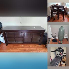 MaxSold Auction: This online auction features Bergmann baby grand piano, crystal ware, Mikasa, 32” Sony TV, furniture such as Pottery Barn Bedford Collection chairs and desk, media cabinets, leather sofa, and coffee table, home decor, lamps, small kitchen appliances, glassware, shelving, bookcases, Kindle, office supplies, HP desktop, DVDs, filing cabinets, luggage, costume jewelry, Disney cel with COA, framed wall art, mountain bike, exercise equipment, board games, sports equipment, power tools, holiday decor and much more!