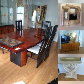 MaxSold Auction: This online auction features 32” Samsung TV, furniture such as mahogany side table, vintage dining table, dining chairs, vintage hutch, entertainment unit and Matter Brothers sofa, wall art, area rug and much more!