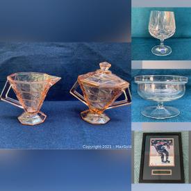 MaxSold Auction: This online auction features Noritake china, crystalware, teacups, tin wall signs, ceramic items, Beanie babies, miniatures, pink glass, dinnerware, Paris print, storage glasses, Depression glass, mini King Tut collection, Coca Cola magnets and other collectibles, Pyrex and much more!