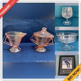 MaxSold Auction: This online auction features Noritake china, crystalware, teacups, tin wall signs, ceramic items, Beanie babies, miniatures, pink glass, dinnerware, Paris print, storage glasses, Depression glass, mini King Tut collection, Coca Cola magnets and other collectibles, Pyrex and much more!