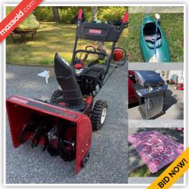 MaxSold Auction: This online auction features furniture such as Adirondack chairs, wooden tables, sofa, wicker bench, wooden dressers and secretary desk, Craftsman snowblower, yard tools, framed art, lawn mowers, books, home decor, air conditioner, area rugs, CharBroil grill and much more!