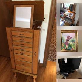 MaxSold Auction: This auction features Trinket Boxes, Chandelier Parts, Vacuums, Antique Mirrors, Sewing Notions, Signed Artwork, Purses, Dressers, Nightstands, Electronics, Flat Screen TV's, Costume Jewelry, Carpets, Display cases, Statues, Figures, Mantle Clocks and much more.