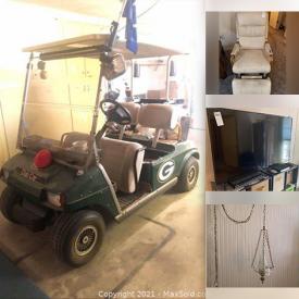 MaxSold Auction: This online auction features a Club Car golf cart, furniture such as a queen headboard, nightstands, chair, room divider, dresser, tables, TV stand, table and chairs and more, golf items, leaf blower, yard gnomes, painted pottery decor, tools, yard and home supplies, kitchenware, small kitchen appliances, Pyrex bowls, Sansui monitor and other office supplies, sports memorabilia including Kansas Jayhawks, 1985 World Series memorabilia, Noritake dinner set, Southwest decor, Chelsea portal clock, jewelry, books, RCA TV, tins, vintage swag lamp and much more!