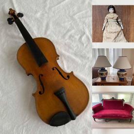 MaxSold Auction: This online auction features crystal ware, Wedgwood, antique violin, silver plate, furniture such as antique oak cabinet, Egyptian revival chairs, cherry secretary desk, bed frames, and maple drop leaf dining table, lamps, ceramics and much more!