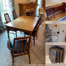 MaxSold Auction: This online auction features Patio Sets, Gardening Supplies, Dining room furniture, Antique Books, Lamps, Weighted Sterling, Albums, Skis, MCM Coffee tables, Sewing Machines, Christmas Decorations, Artwork, Stairlift and much more.