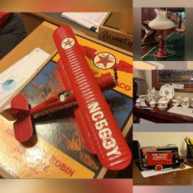 MaxSold Auction: This online auction features several collections of Texaco die-cast planes, trucks and cars, Lladro and Nao statues, Limoges, Capodimonte, chifforobe, games, toys, pre-lite 7' Christmas tree, game table with stools, hauling cart, crystal glassware, MCM furniture and much more!