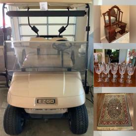 MaxSold Auction: This online contains an EZ Go golf cart, propane grill, Vizio 49" TV, adjustable twin bed frame, antique wedding gown, Christmas decorations, Bose Wave radio, small kitchen appliances, garden tools, giraffe collectibles, cherry wood furniture, China cabinet, collector plates, Lenox vases, games, faux floral arrangements and much more!