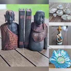 MaxSold Auction: This online auction features a Fire King jadeite bowl and plate, vintage kitchenware, Hazel Atlas cruets, milk glass serving ware, 90s Pepsi glasses, Siestaware mugs, West Bend slow cooker, butter dishes, serving plate, racoon cookie jar, vintage Luster lot, Sitzel Weller decanter, macrame, dolls, stuffed animals, chair and table, music boxes and much more!