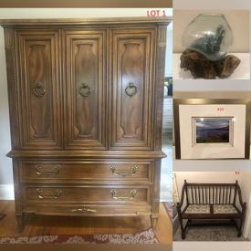 MaxSold Auction: This online auction features Jewelry Mirror Cabinet, Art Glass, Wooden Statues, Toys, NIP Action Figures, Fabric, African Handmade Bracelets and much more!