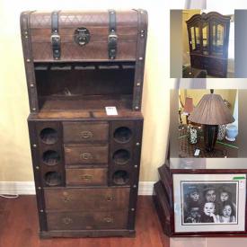 MaxSold Auction: This online auction features furniture such as a desk, bench, drafting table, Thomasville barrel chairs, king bed headboard, hutch, Indonesian side table, hutch, office desk, chairs, end table, dresser, living room chair, Bench Craft leather chair and more, clock, wall art, ceramic pots, pictures, lamps, grandfather clock, Tiffany-style lamp, Boyds bears, kitchenware, chandelier, wine rack, bird cages, globe with metal base, clocks and much more!