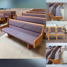 MaxSold Auction: This online auction features a wooden pulpit, upholstered pews, office chair, wood chairs and much more!