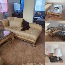 MaxSold Auction: This online auction features Living Room Furniture including Sofa, Chaise, Coffee Table, End Table and Lamps.