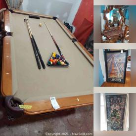 MaxSold Auction: This online auction features pool table with accessories, NIB light fixture and faucet, fine china, silver plate, furniture such as armoire, sofa with pillows, armchairs, dining table with chairs, and cafe bench seats, framed wall art, mirrors, golf clubs, glassware, power tools, cookware, planters, DVD player, Panasonic stereo, tiling, mini fridge and much more!